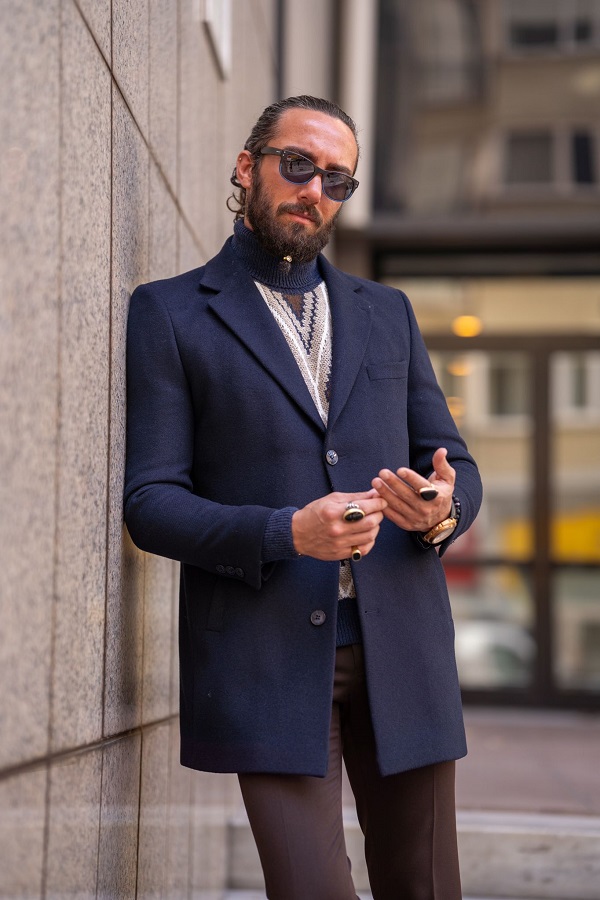 Navy Blue Slim Fit Single Breasted Long Coat by gentwith