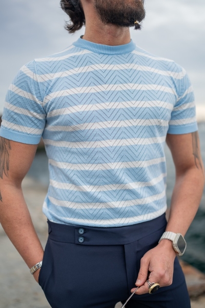 GentWith Rapid Blue Crewneck Striped T-Shirt