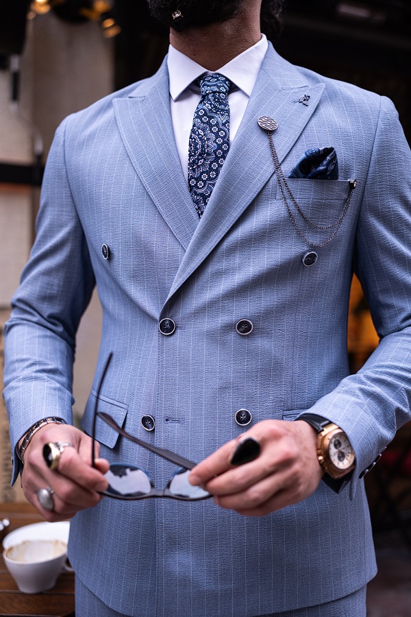 Sky Blue Slim Fit 2 Piece Pinstripe Double Breasted Suit 8506