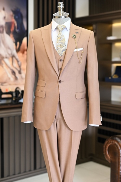 GentWith Suffolk Camel Slim Fit 3 Piece Peak Lapel Suit