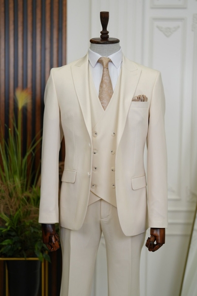 Men's Beige Slim Fit 3 Piece Suit