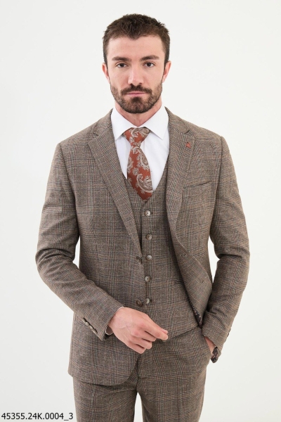 Camel 3 Piece Glen Check Wool Suit