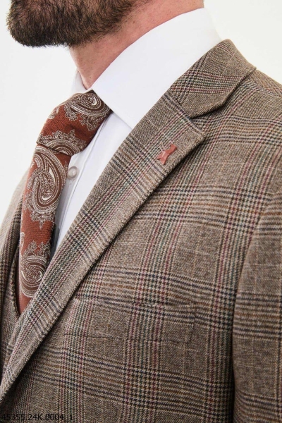 Camel 3 Piece Glen Check Wool Suit