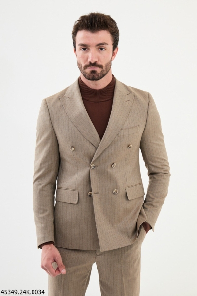 Beige 2 Piece Double Breasted Pinstripe Wool Suit