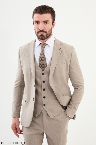 Beige Notch Lapel 3 Piece Wool Suit