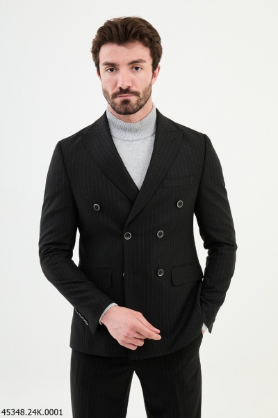 Black 2 Piece Double Breasted Pinstripe Wool Suit