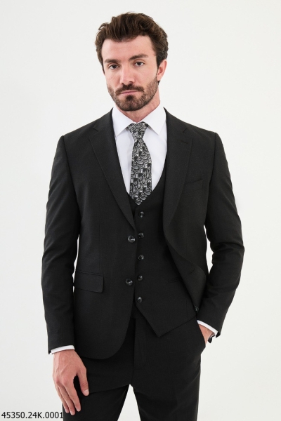 Black 3 Piece Plaid Wool Suit