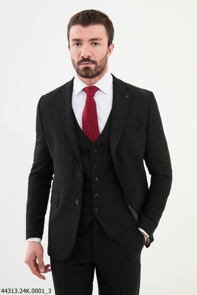 Black Notch Lapel 3 Piece Wool Suit