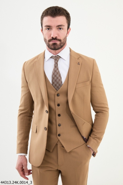 Camel Notch Lapel 3 Piece Wool Suit