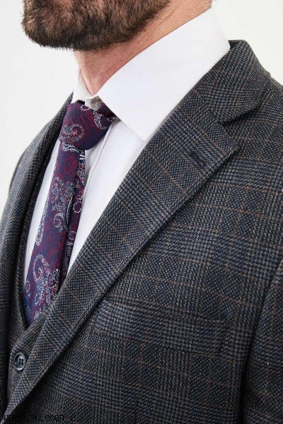 Dark Blue 3 Piece Glen Check Wool Suit