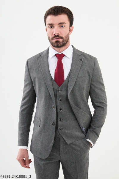 Dark Gray 3 Piece Notch Lapel Wool Suit