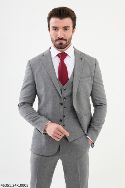 Gray 3 Piece Notch Lapel Wool Suit