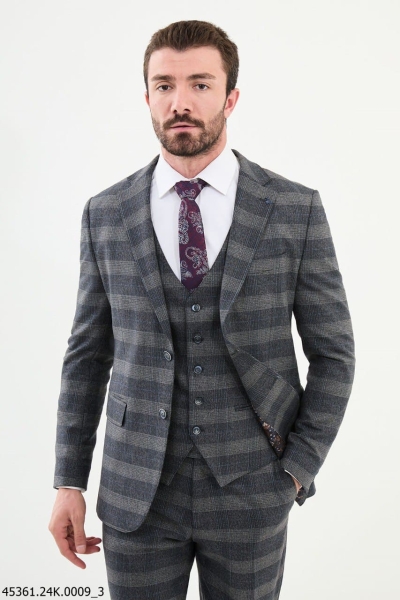 Gray Blue 3 Piece Glen Plaid Wool Suit