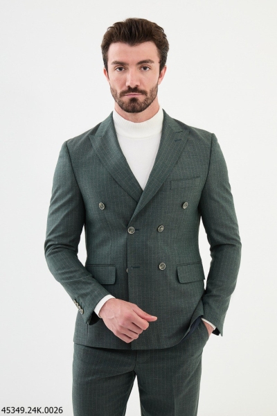 Green 2 Piece Double Breasted Pinstripe Wool Suit