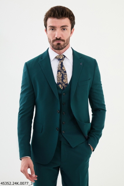 Green 3 Piece Notch Lapel Wool Suit