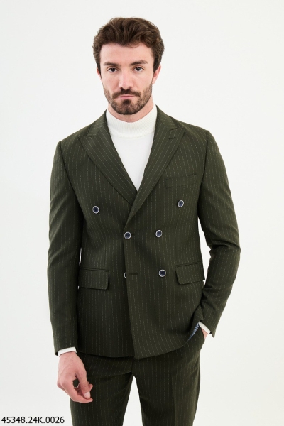 Khaki 2 Piece Double Breasted Pinstripe Wool Suit