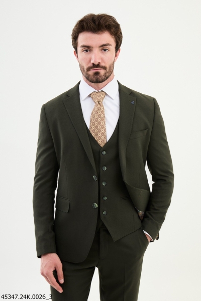 Khaki Notch Lapel 3 Piece Wool Suit