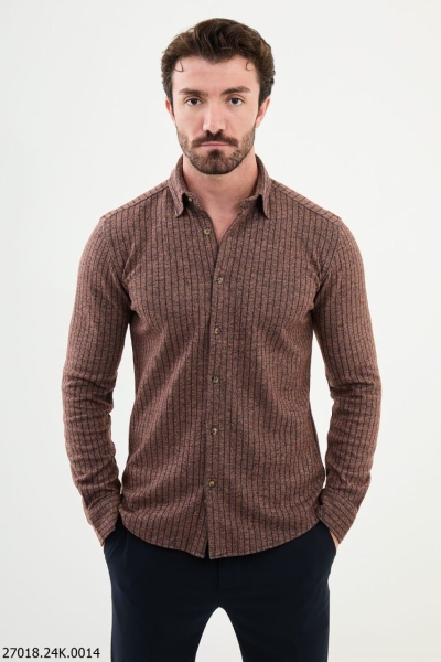 Men's Brown Slim Fit Chalk Stripe Wool Shirt
