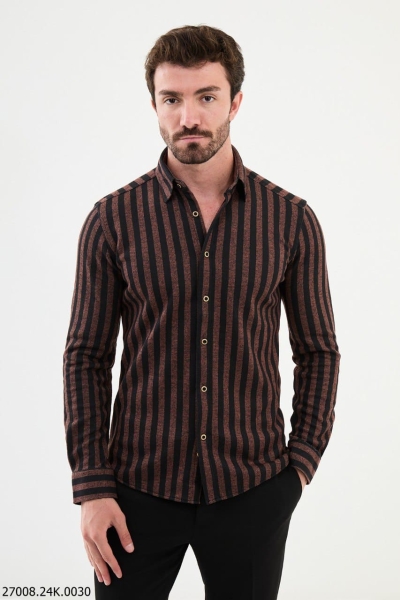 Men's Rust Black Slim Fit Striped Shirt