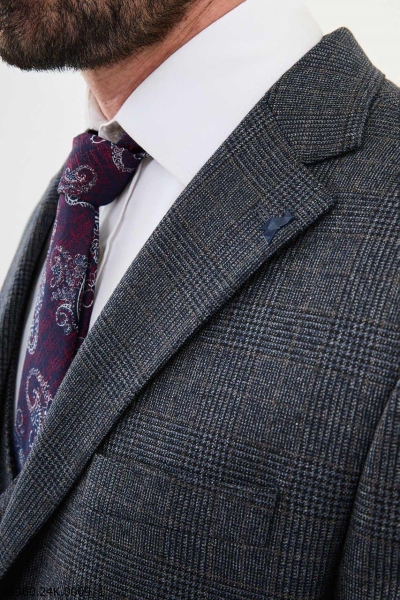 Navy Blue 3 Piece Glen Check Wool Suit