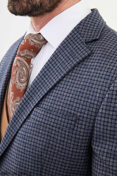 Navy Blue 3 Piece Shepherd's Check Wool Suit