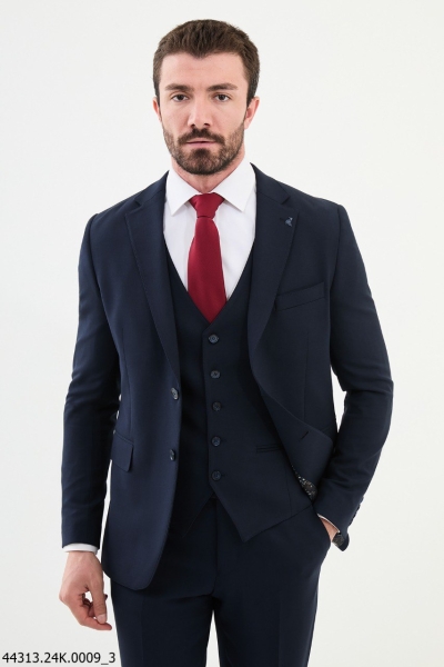 Dark Blue Notch Lapel 3 Piece Wool Suit