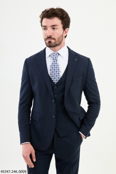 Navy Blue Notch Lapel 3 Piece Wool Suit for Men