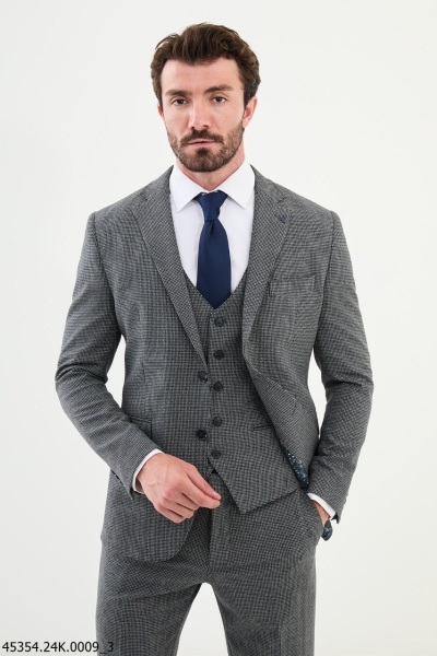 Navy Gray 3 Piece Houndstooth Wool Suit