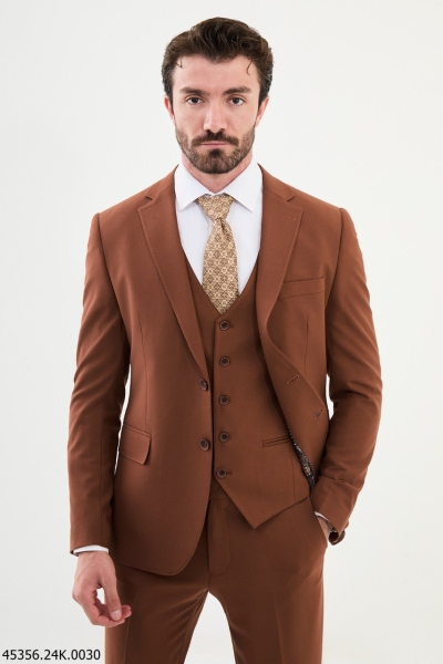 Rust Brown Notch Lapel 3 Piece Wool Suit