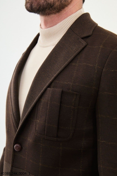 Brown Slim Fit Notch Lapel Men's Plaid Wool Blazer