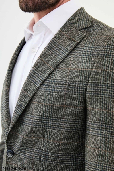 Khaki Slim Fit Notch Lapel Check Plaid Men's Blazer