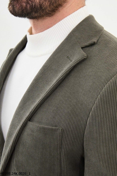 Khaki Slim Fit Notch Lapel Striped Men's Velvet Blazer