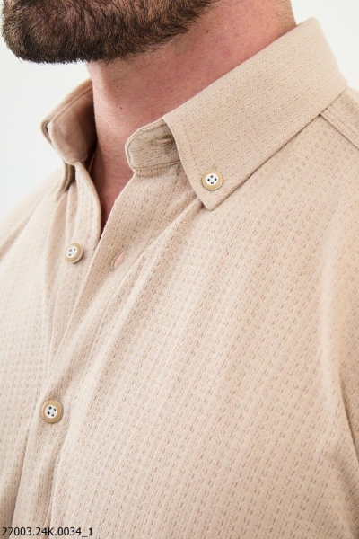 Men's Beige Slim Fit Cross Pattern Casual Shirt