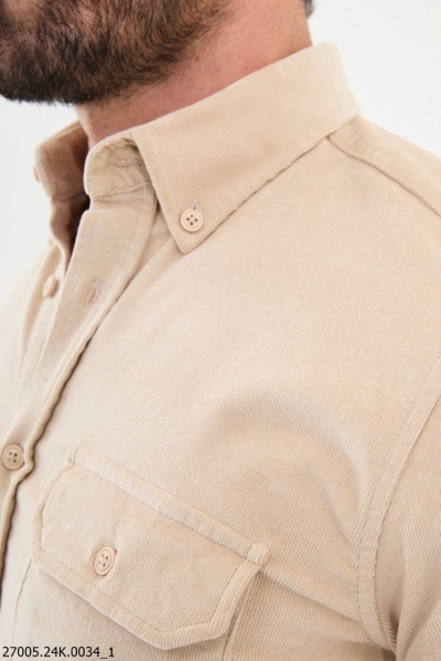 Men's Beige Slim Fit Double Pocket Corduroy Shirt