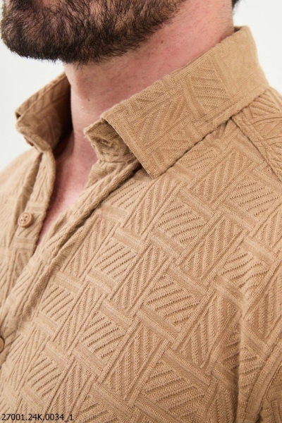 Men's Beige Slim Fit Woven Pattern Casual Shirt