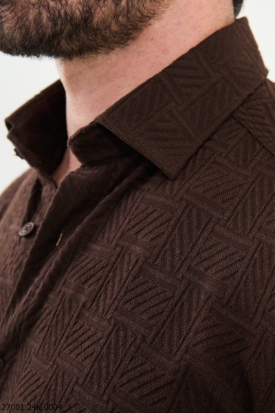 Men's Brown Slim Fit Woven Pattern Casual Shirt