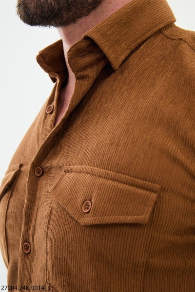 Men's Camel Slim Fit Double Pocket Striped Shirt