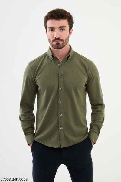 Men's Khaki Slim Fit Cross Pattern Casual Shirt