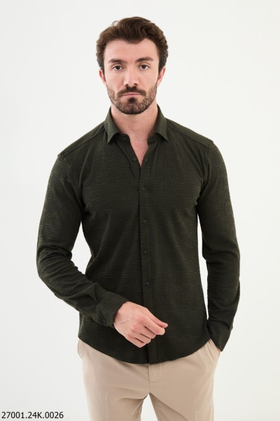 Men's Khaki Slim Fit Woven Pattern Casual Shirt