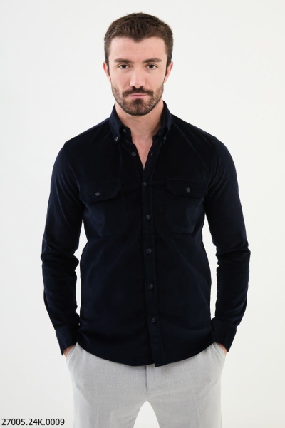 Men's Navy Blue Slim Fit Double Pocket Corduroy Shirt