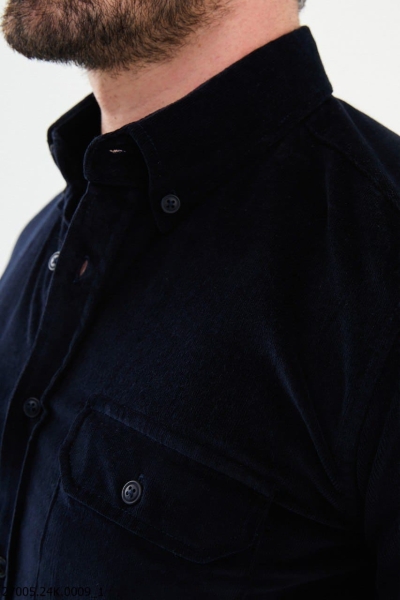 Men's Navy Blue Slim Fit Double Pocket Corduroy Shirt