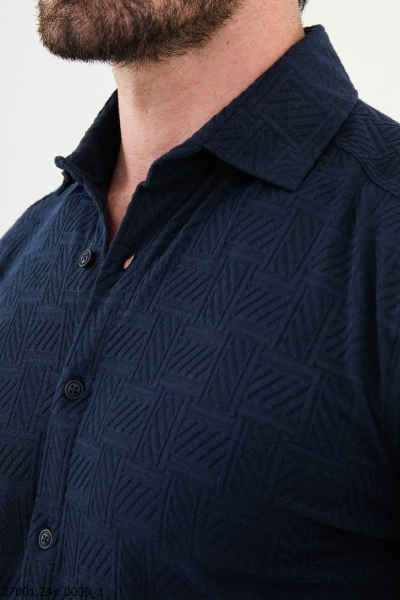 Men's Navy Blue Slim Fit Woven Pattern Casual Shirt