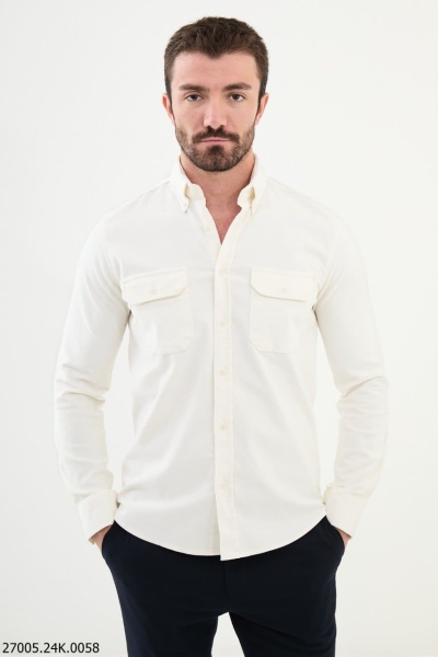 Men's White Slim Fit Double Pocket Corduroy Shirt