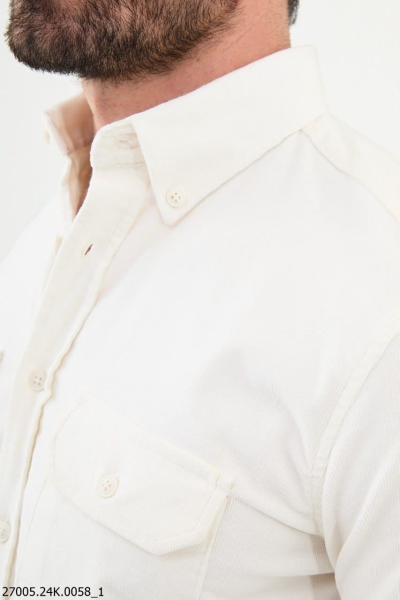 Men's White Slim Fit Double Pocket Corduroy Shirt