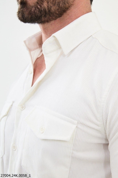 Men's White Slim Fit Double Pocket Striped Shirt