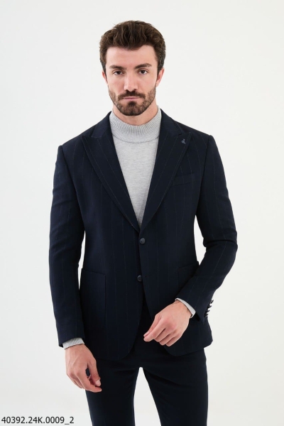 Navy Blue Slim Fit Peak Lapel Men's Chalk Stripe Wool Blazer