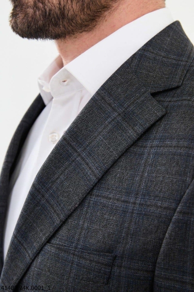 Black Slim Fit Notch Lapel Men's Plaid Wool Blazer