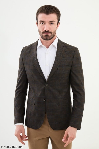 Brown Slim Fit Notch Lapel Men's Plaid Wool Blazer