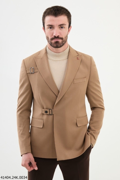 Camel Slim Fit Double Breasted Men's Buckle Blazer