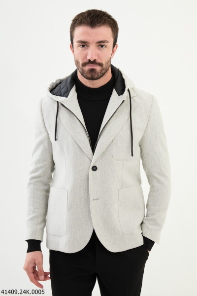 Men's Beige Slim Fit Hooded Blazer